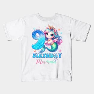 Unicorn Mermaid 9th Birthday 9 Year Old Party Girls B-day Gift For Girls Kids Kids T-Shirt